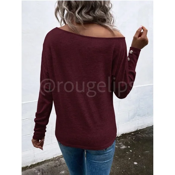 Burgundy One Cold Shoulder Asymmetric Boat Neck Long Sleeve Tee Shirt - Picture 4 of 9